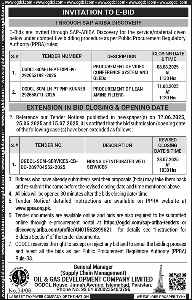 Oil & Gas Development Company Limited Islamabad Tender Notice